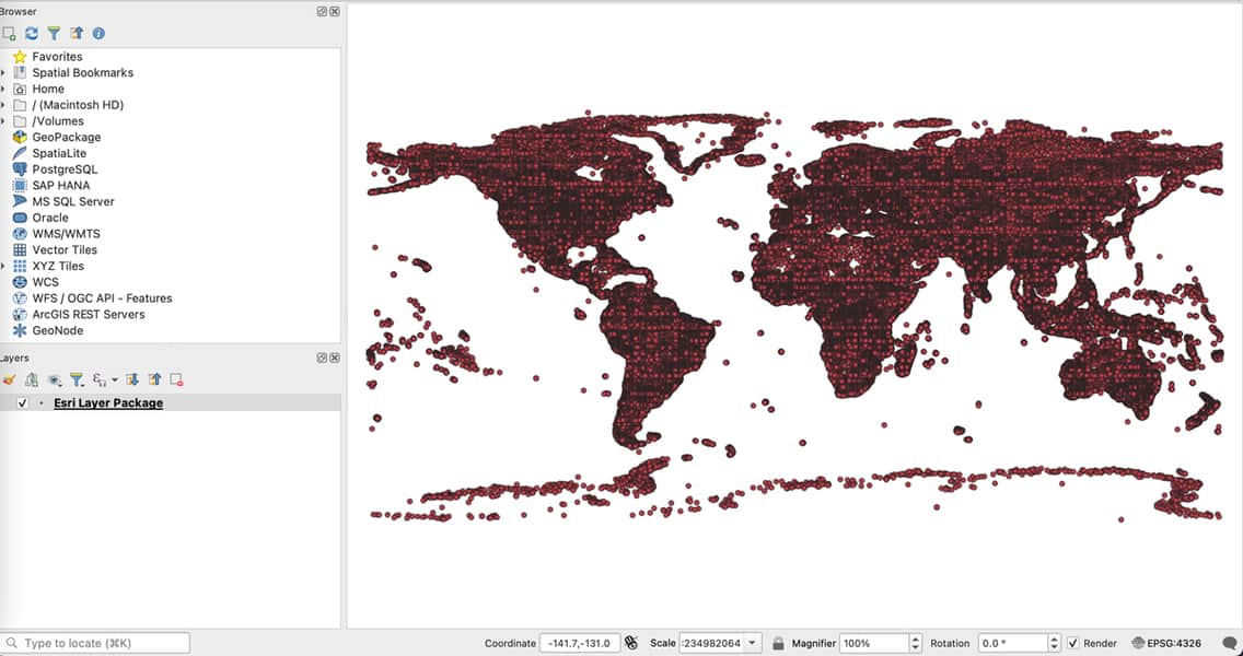 A screenshot showing an important point file in QGIS. The points are dark red with black outlines and show the outline of the continents on Earth.