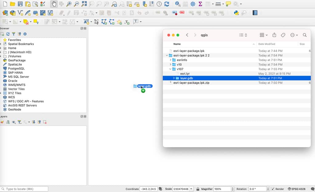 Screenshot showing how to import an Esri layer package into QGIS from Finder.