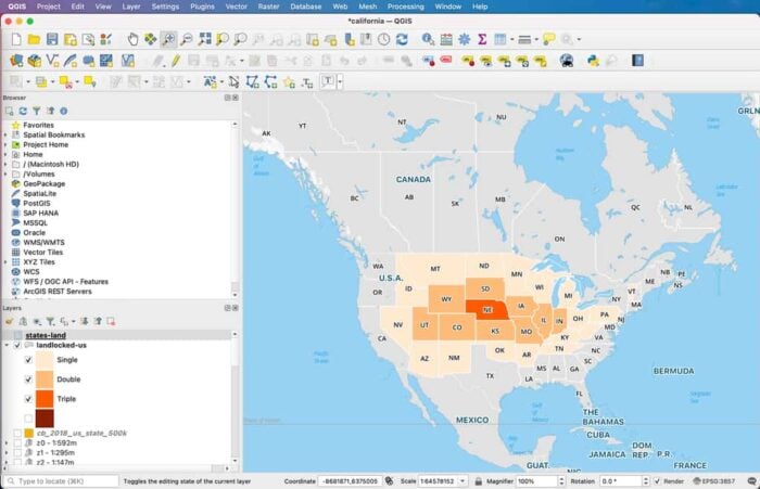 A screenshot of a cartography software package with a map of the United States.