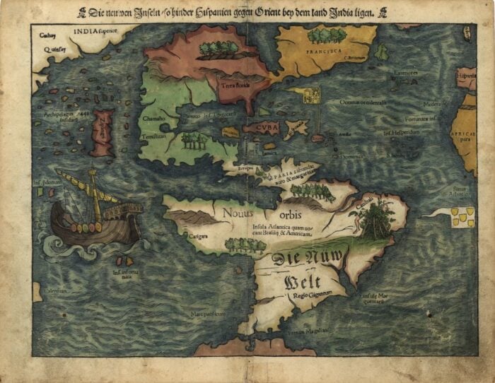 A colored woodcut map from 1550 of the Western Hemisphere.