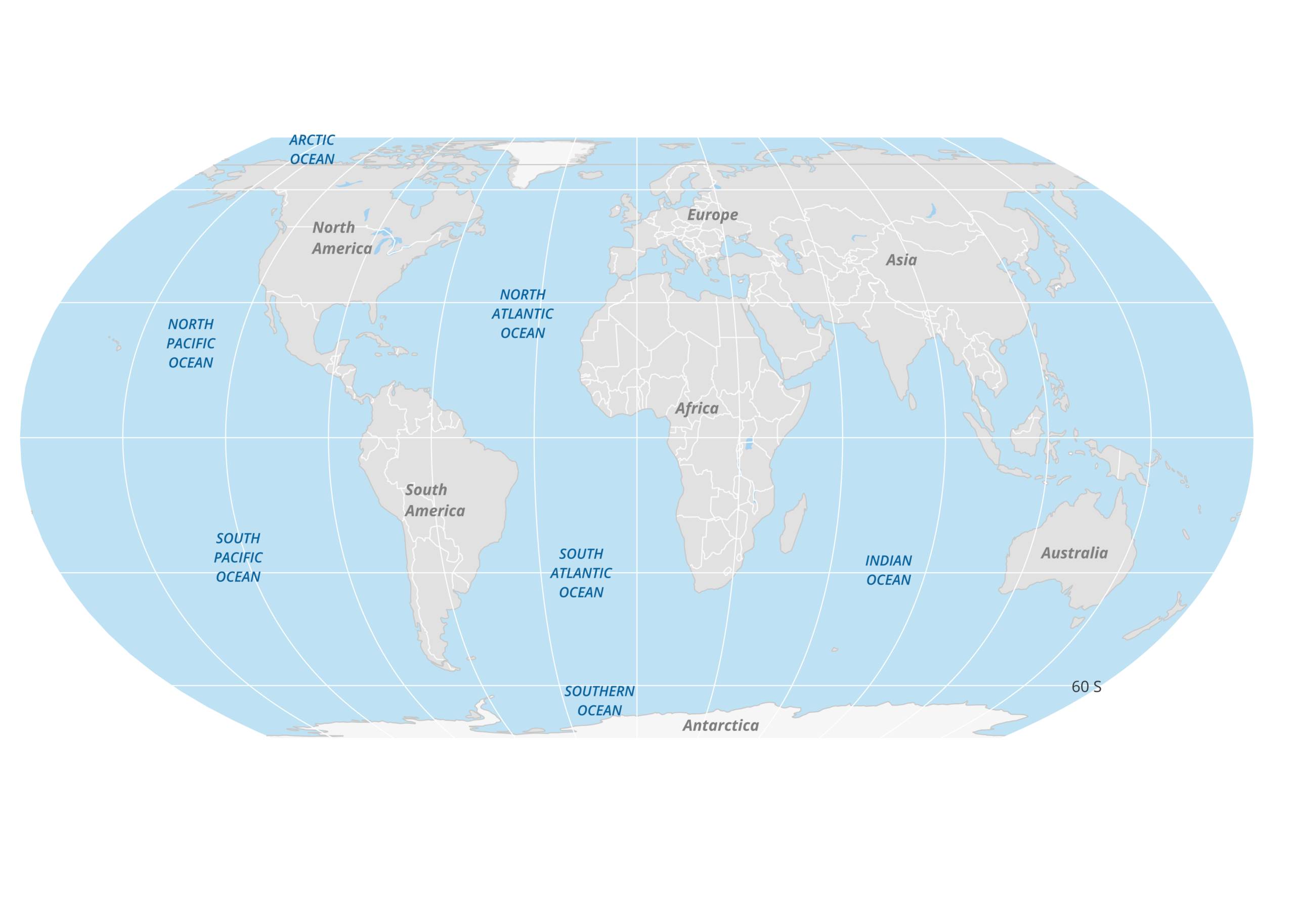 A simple map of the world showing the continents in gray and oceans in blue.