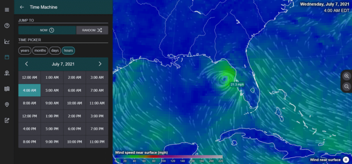 Screenshot of a map visualizing hurricane wind speeds.
