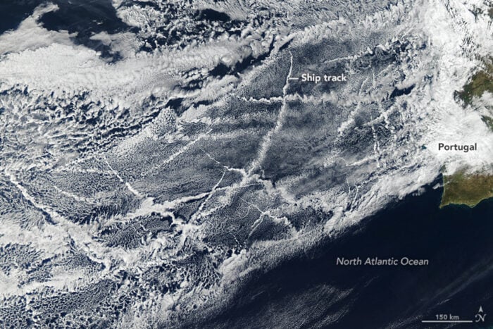 Satellite image showing ship track clouds over the Atlantic Ocean off the coast of Portugal.