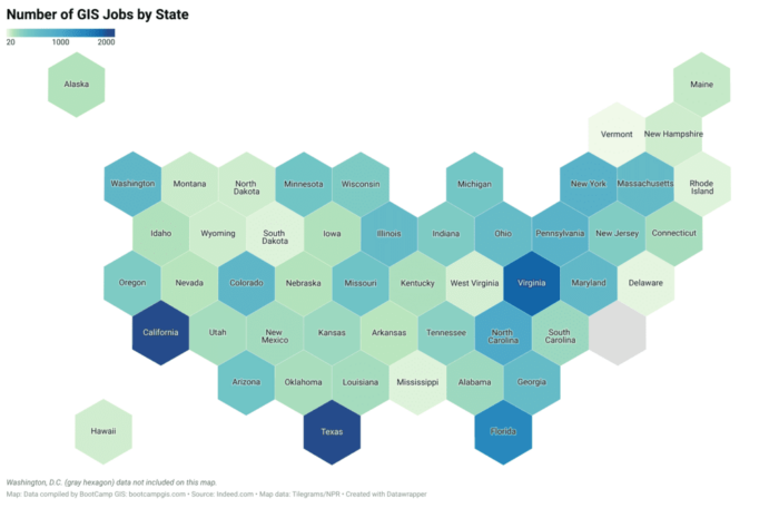 A hexagon map showing the number of GIS jobs by state. Darker blue means more jobs. Light green/yellow means less jobs.