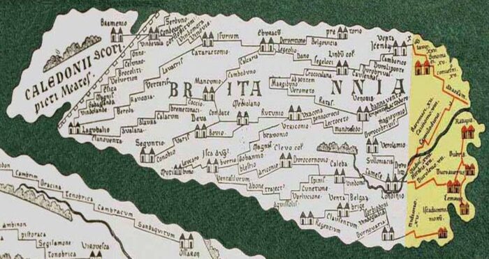 A section of a 1-4th century map showing the area now known as Great Britain. The ocean is a dark green color and the land is a light grey with dark writing.