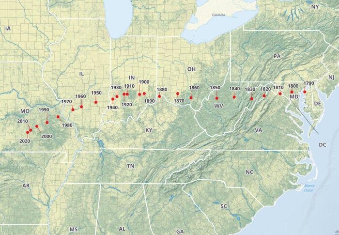 Shaded relief map with yellows and greens to show the change with every US Census for the mean center of population which is shown as red dots.