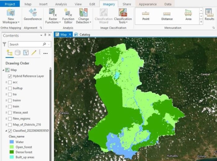 Screenshot of a land use map for Ghana in ArcGIS Pro with shades of green for the categories.