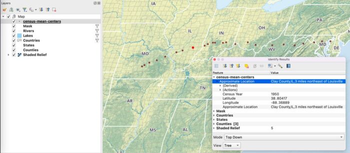 Screenshot showing a mapped CSV file. The mapped points are red and the background layer is a green and yellow shaded relief.