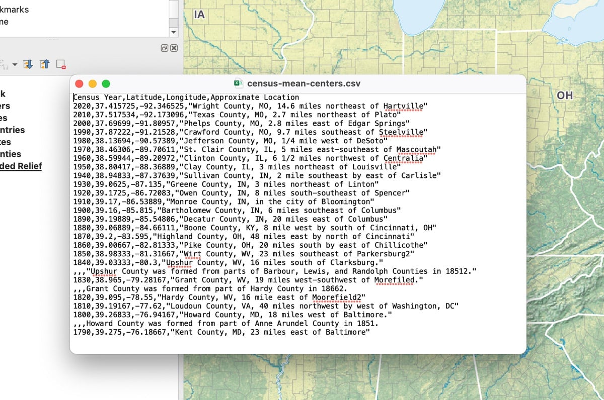 Screenshot showing a CSV file with information about mean centers of population in the US. A shaded relief map is being the text file.
