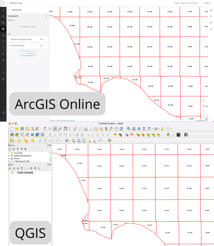 Side by side comparison of screenshots of a data layer with a simple red outline and black labels as seen in ArcGIS Online and QGIS.