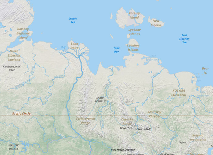 Shaded relief map showing the location of the Lena Delta above the Arctic Circle.