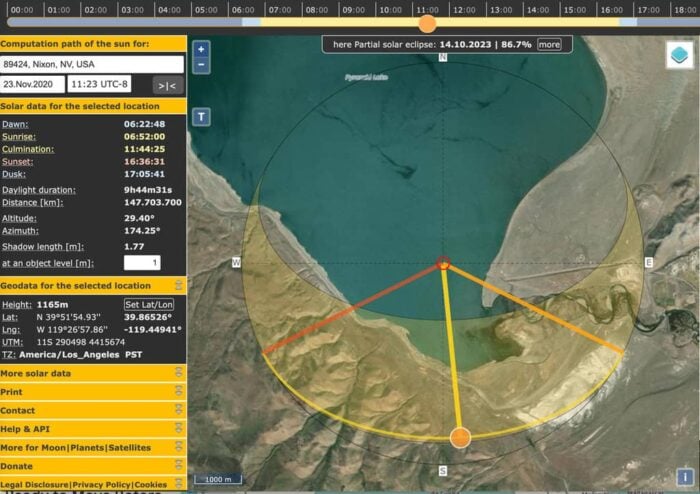 Screenshot from an online app called Suncalc with a satellite image of a lake with sun and shadow measurements in yellow overlaid.