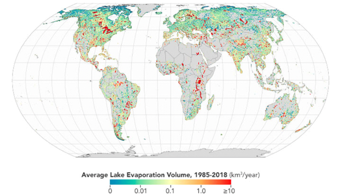 A simple map of the world showing average lake evaporation rate around the world with a shading scale from blue and green for low evaporation and orange and red for high rates of evaporation.