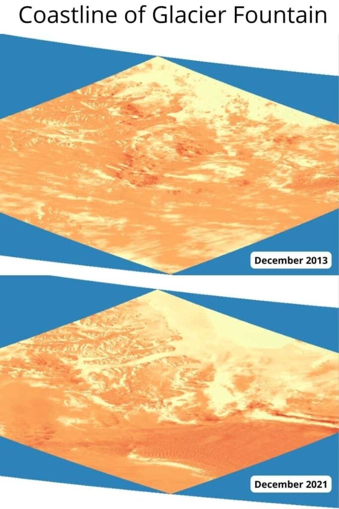 Two images - one from 2013 and one from 2021 showing changes in orange in the coastline of an area.