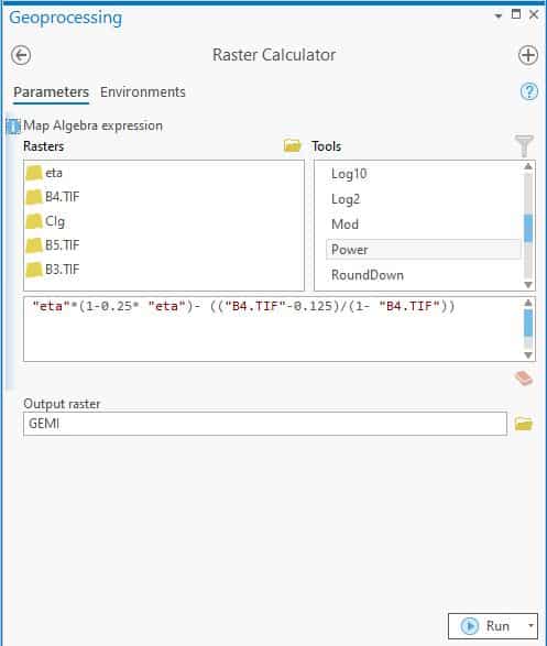 Screenshot showing the raster calculator in ArcGISPro for calculating GEMI.