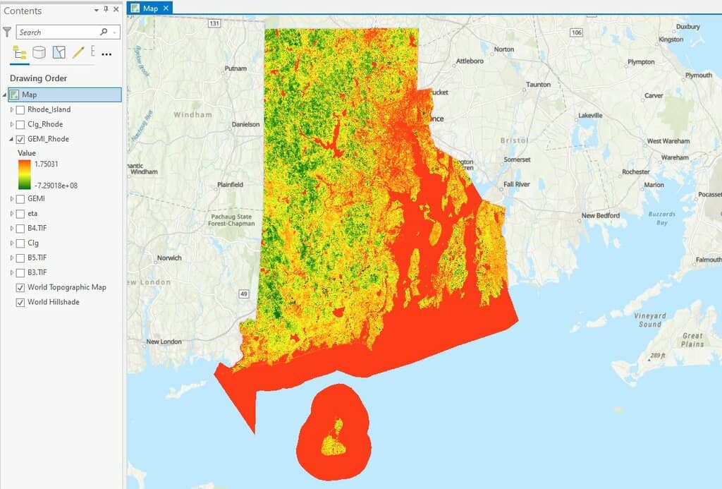 Map showing Rhode Island. Areas in red have a high GEMI index.