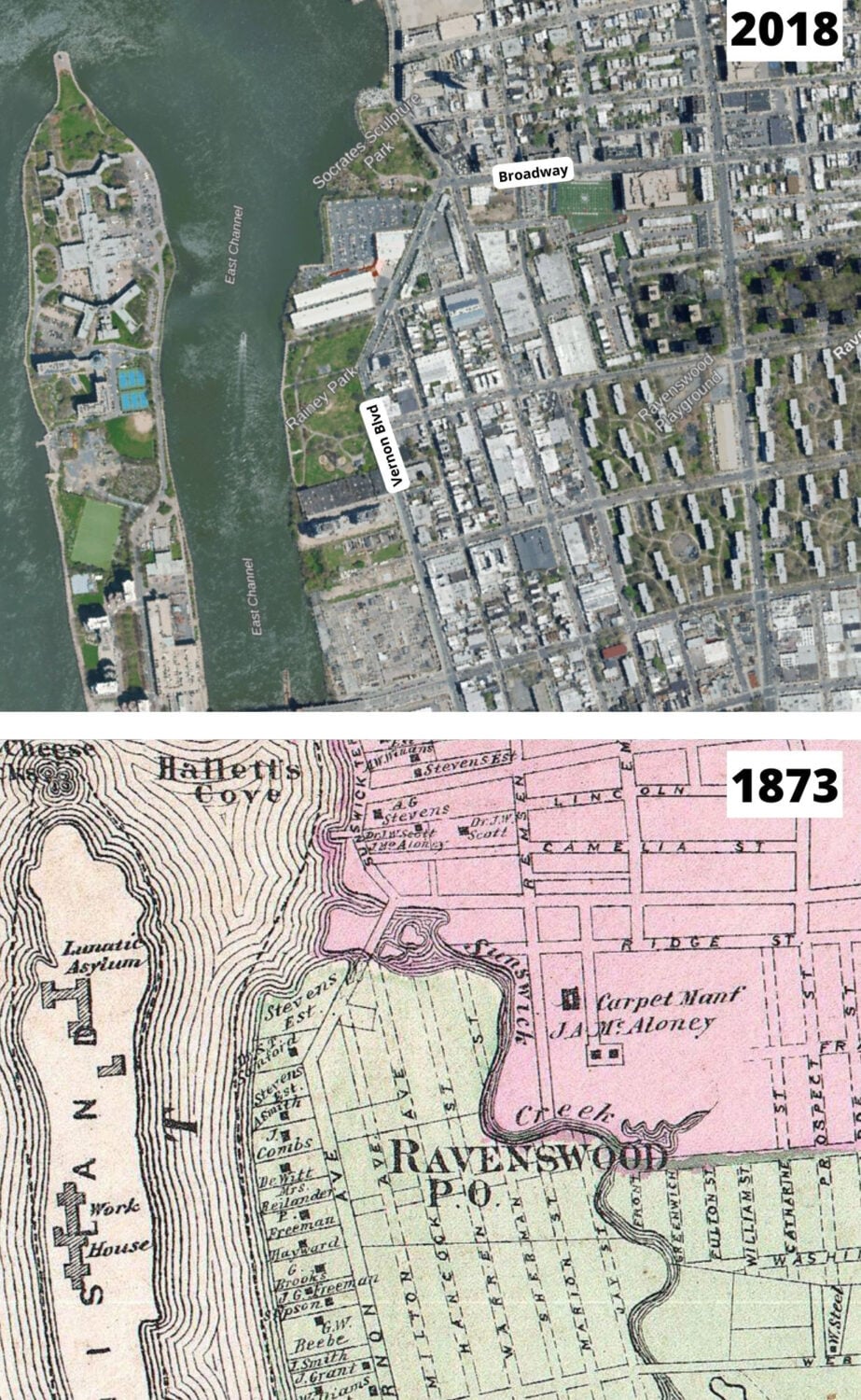 Top is an aerial of a section of Long Island City and bottom is a city map of the same section from 1879. The historical map has muted pinks and greens for the different areas and show streets and the river.