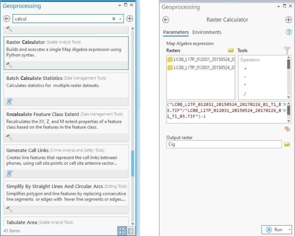 Screenshots from ArcGIS Pro showing the raster calculator to calculate CI.