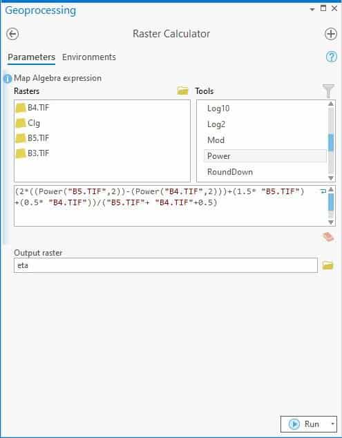 Screenshot of the raster calculator in ArcGISPro to calculate ETA;