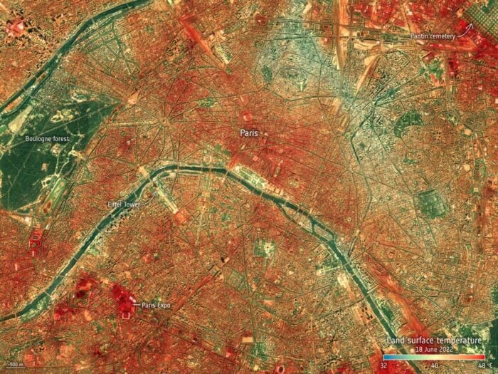 A remote sensing image showing surface temperatures across a section of Paris. The hottest temperatures are in red and the coolest temperatures are in green.