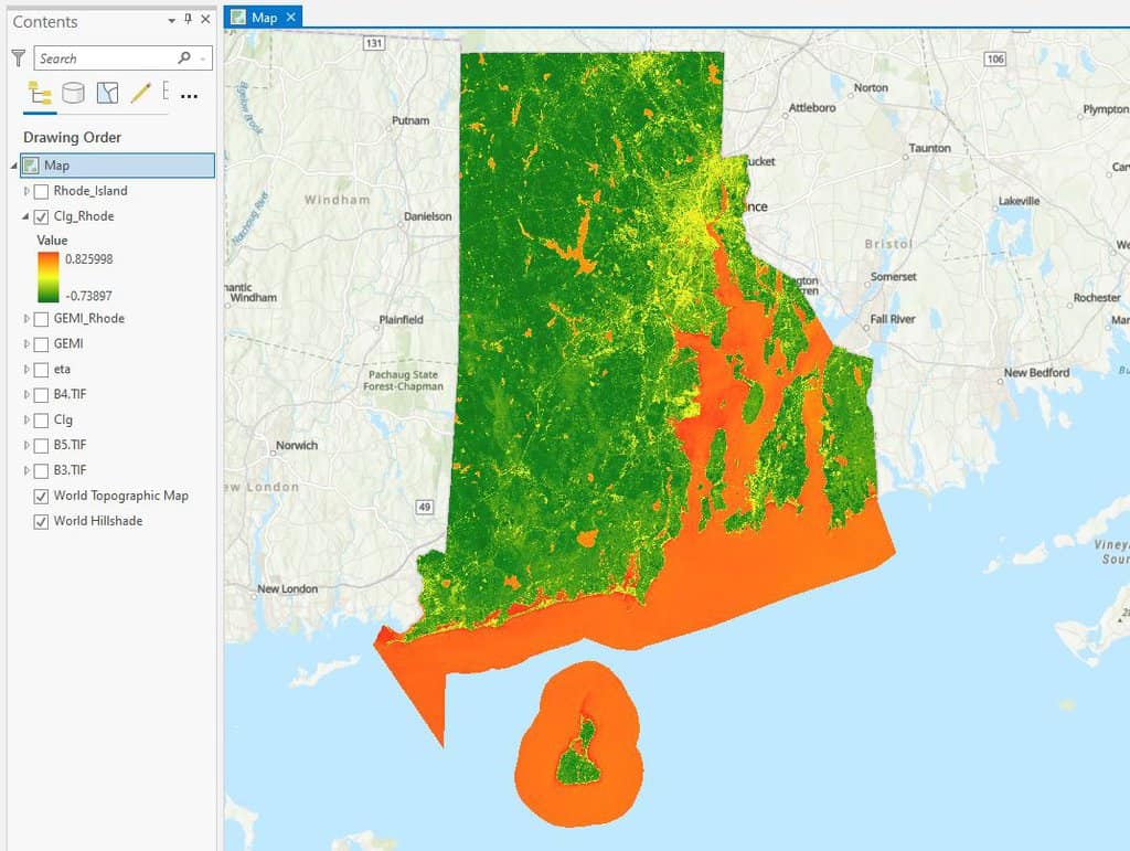 Map showing in orange the areas of high Chlorophyll in Rhode Island.