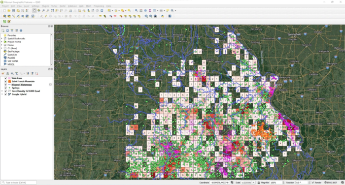Screenshot from a GIS software program showing an aerial image with geospatial data overlays for Missouri.