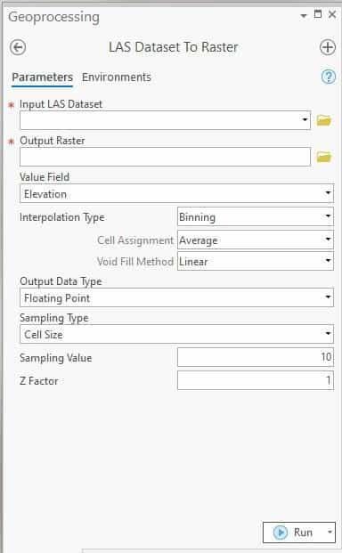 Screenshot of GUI for creating a raster from lidar data in ArcGIS Pro.