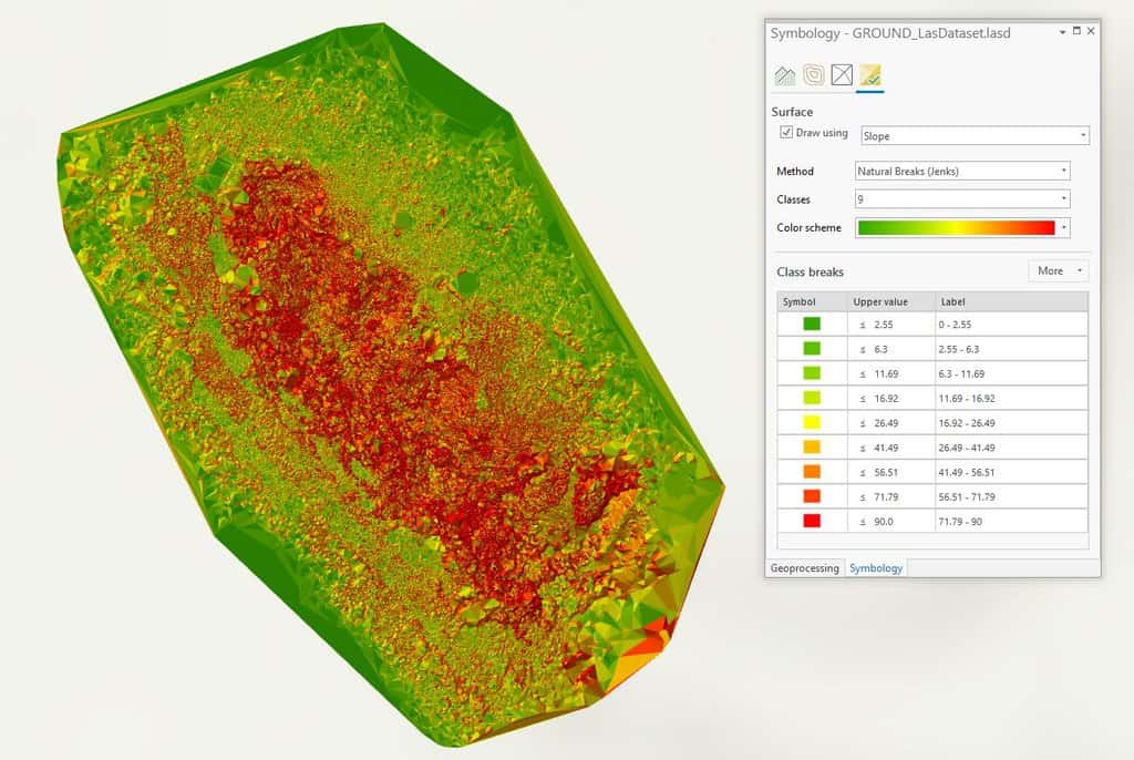 Screenshot showing an area with different degrees of slope. Steeper slope is red and green is less slope.