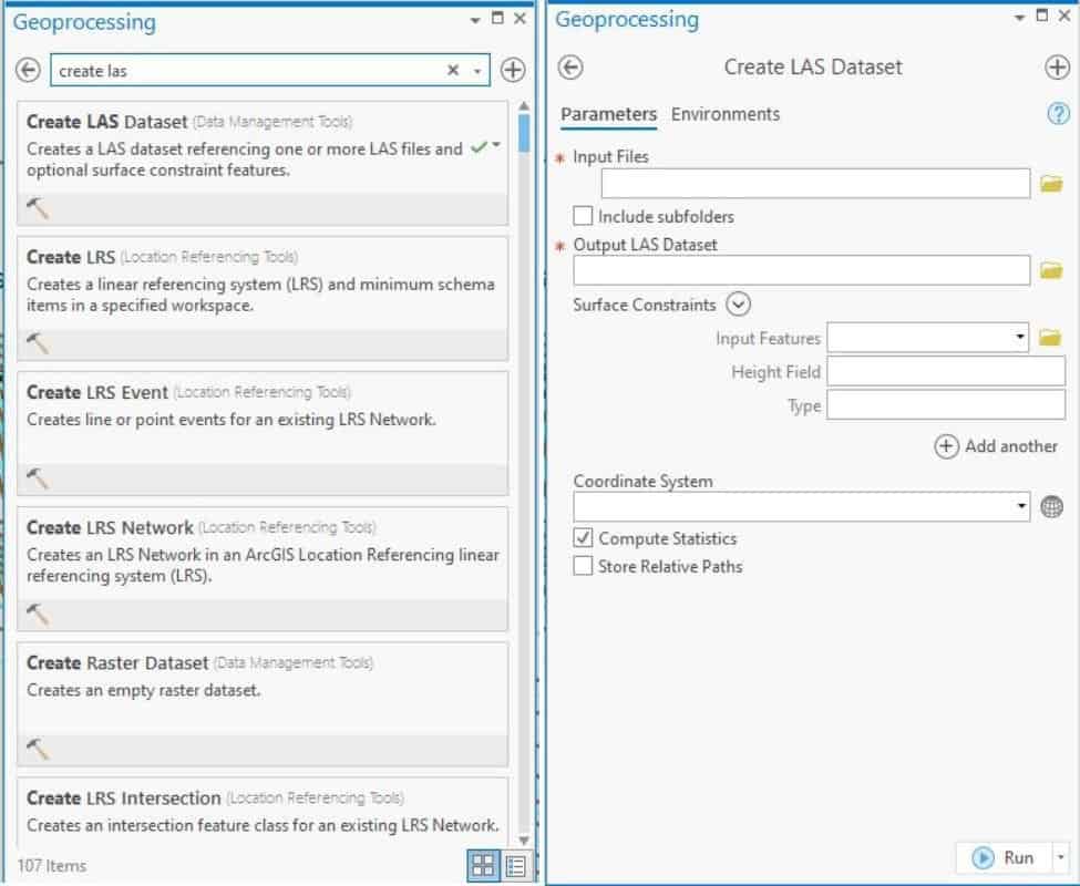 Screenshots showing the parameters for processing lidar in ArcGIS pro.