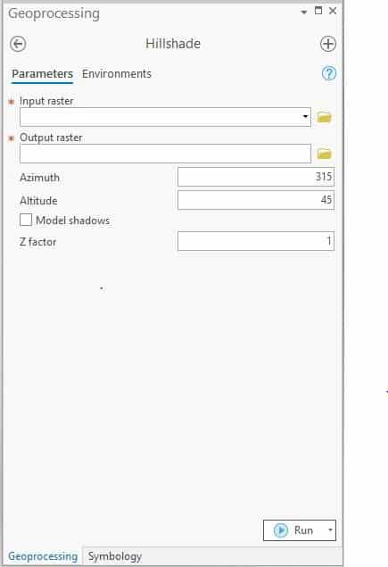 Screenshot of GUI for creating hillshade layer in ArcGIS Pro.