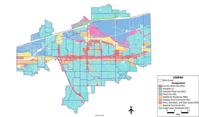 A map showing the area of Spokane Valley in Washington with pastel shades for the land use types.