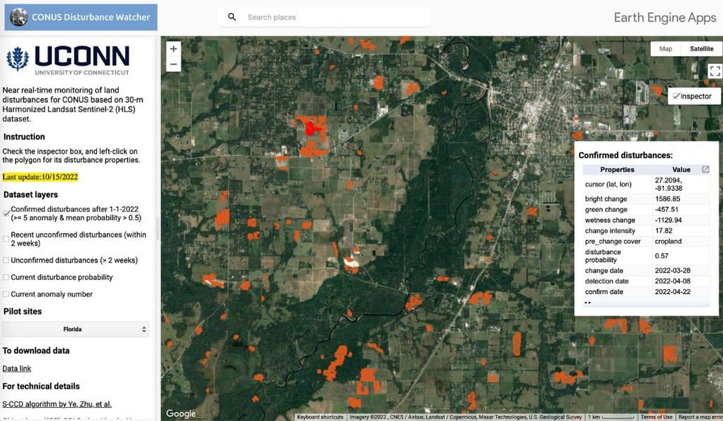 Screenshot of a mapping application showing satellite imagery with areas that have hurricane damage outlined in orange.