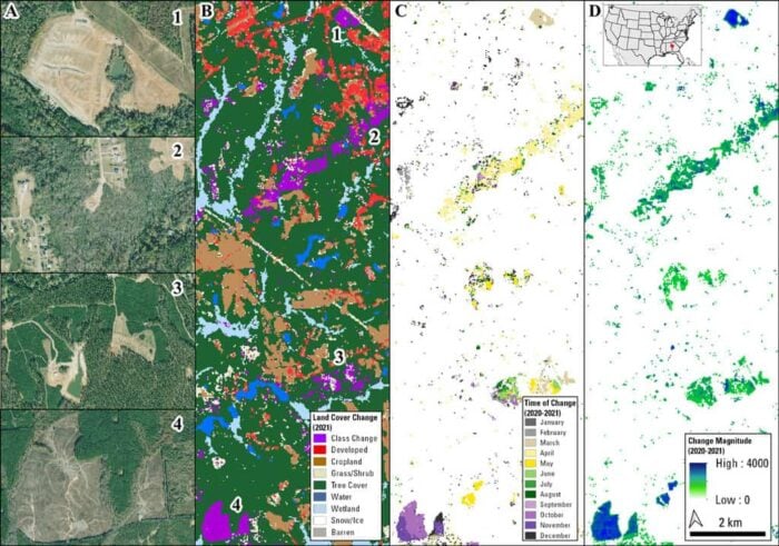 A four-paneled diagram showing a vertical slice of a satellite imagery with forest damage, a second panel with land use change, a third panel symbolized to show the date of changes, and the fourth panel shows the magnitude of the change.