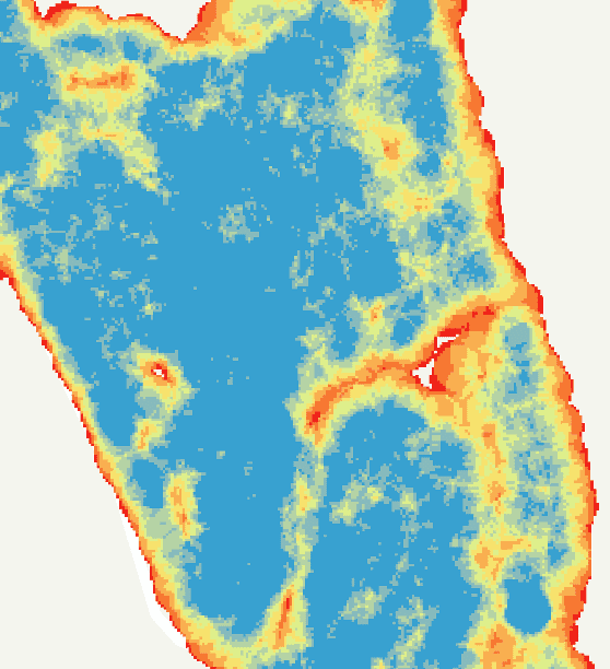 A heat map show areas of high density tree plantings in blue and low density in red.
