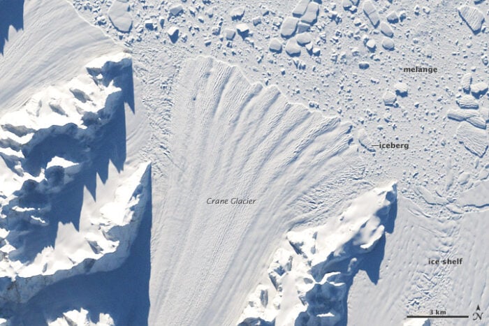 A satellite image of a glacier in the Antarctic.