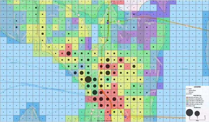 A rainbow colored grid map with black graduated circles.