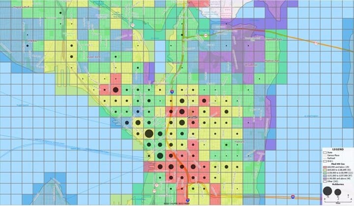 A rainbow colored grid map with black graduated circles except over the ocean areas.