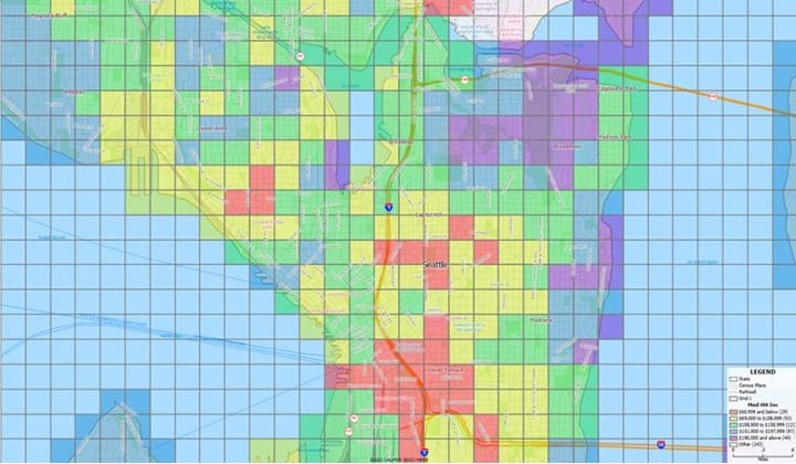 A map with rainbow colored grid cells.
