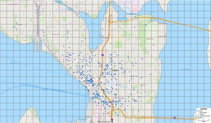 A screenshot showing a grid layer over a street map.