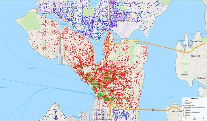 A dot density map of crime locations overlaid onto a street map.
