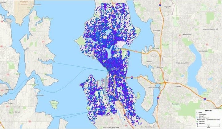 A map showing crime locations with blue dots over a street map.