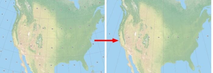 Side by side maps showing a UTM file with zones and rows and a UTM grid file with just the zones.