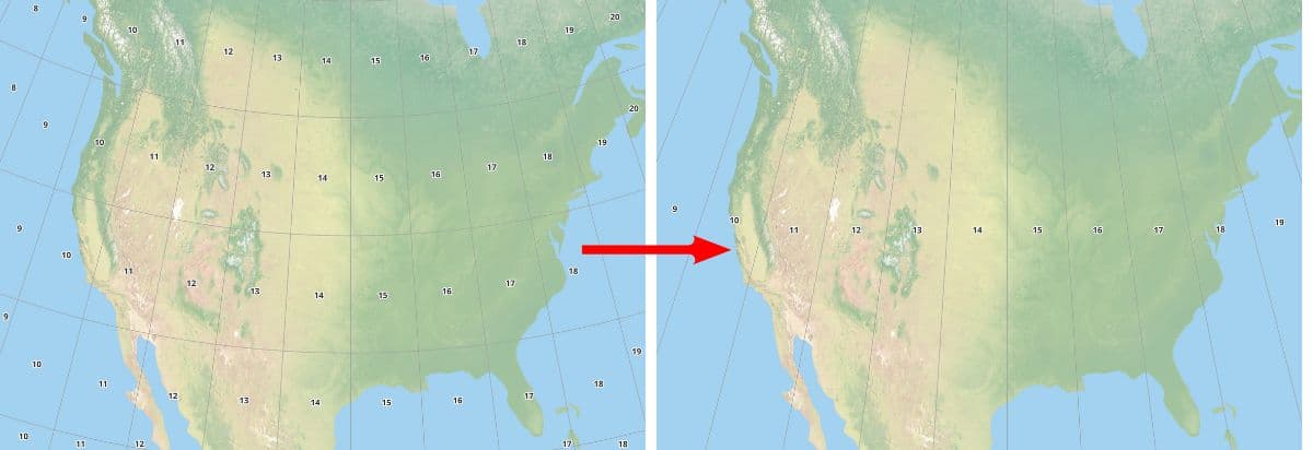 Side by side maps showing a UTM file with zones and rows and a UTM grid file with just the zones.