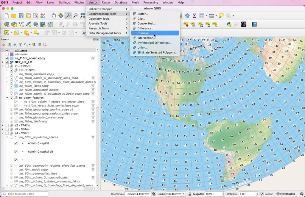 Screenshot showing how to get to the dissolve tool function by first selecting vector then geoprocessing tools from the top menu item in QGIS.