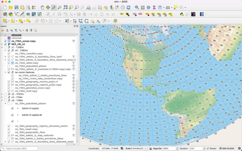 A screenshot from QGIS showing the UTM map projection grid overlaid on top of a shaded relief map.