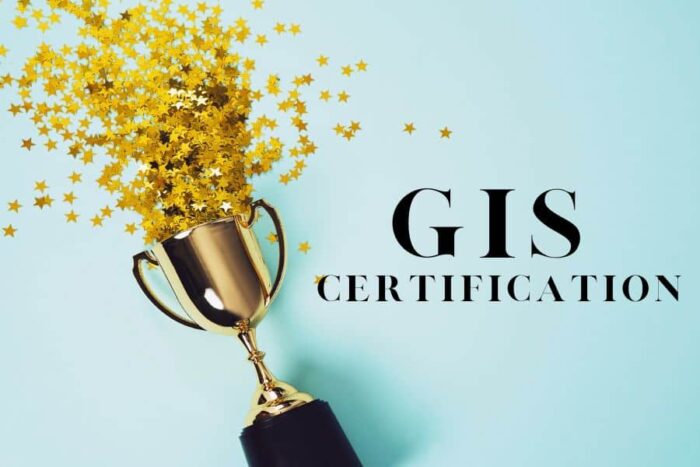 An image that says "GIS certification" in black letters with a trophy that is tipped over with gold stars spilling out the top with a light blue background.