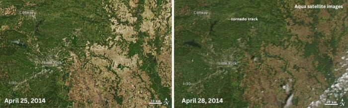 Side by side satellite images, one before a tornado, and one after a tornado.