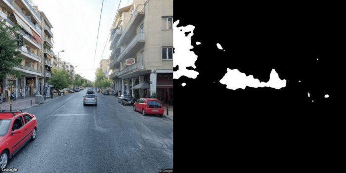 An image on the left of a street view and a black and white image on the right with white representing areas of vegetation from the street image.