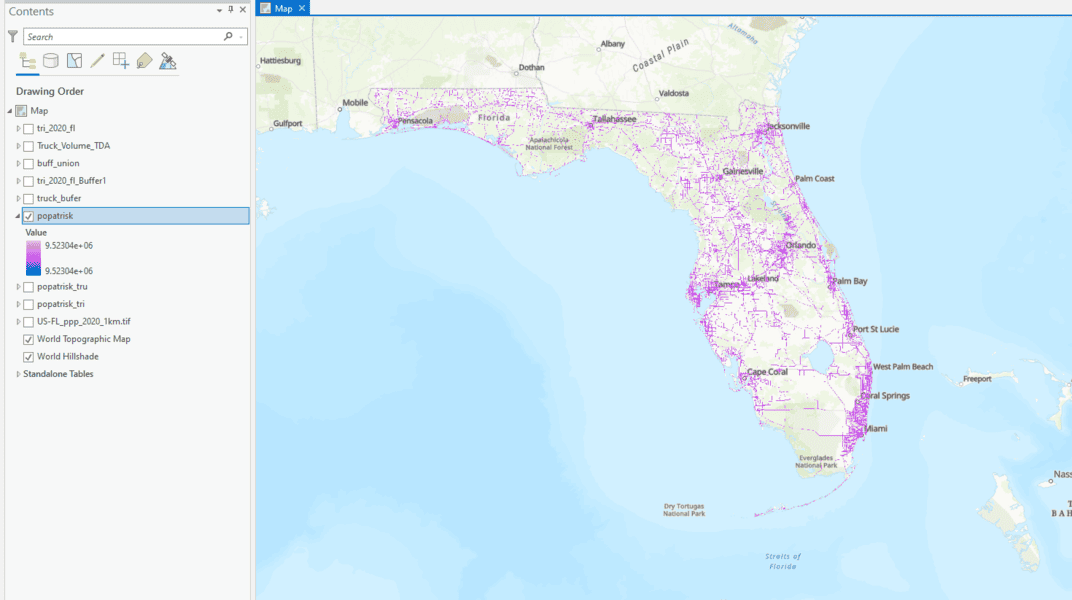 Map within ArcGIS Pro showing the results of a calculation of which populations are at risk of air pollution in Florida.