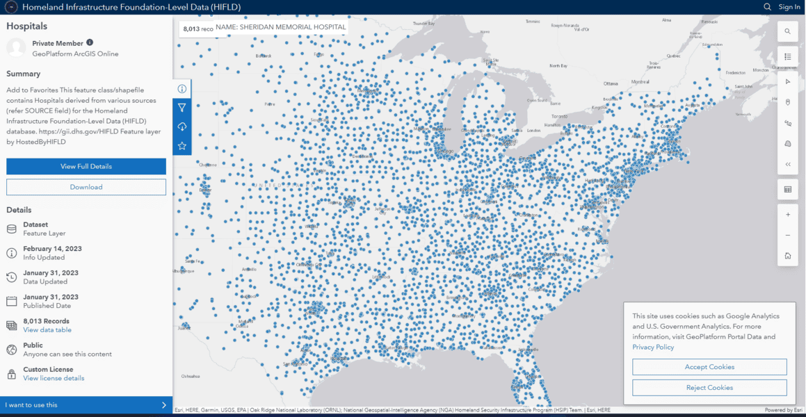 A screenshot showing a web map with blue dots for hospital locations.